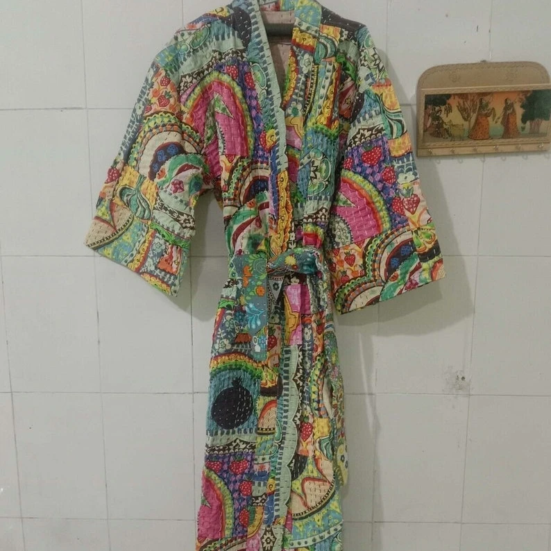 Vintage Patch Work Design Indian Cotton Bathrobe Handmade Embroidered Maxi Gown Dress Kimono Style Kantha Sleepwear Wholesale