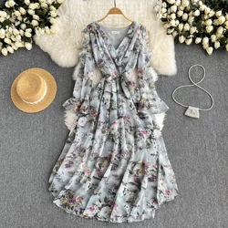 Long Sleeve O-Neck Solid A-Line Dress Autumn Floral Print High Waist Maxi Dress Ladies Elegant Dresses Clothes Women Wholesale