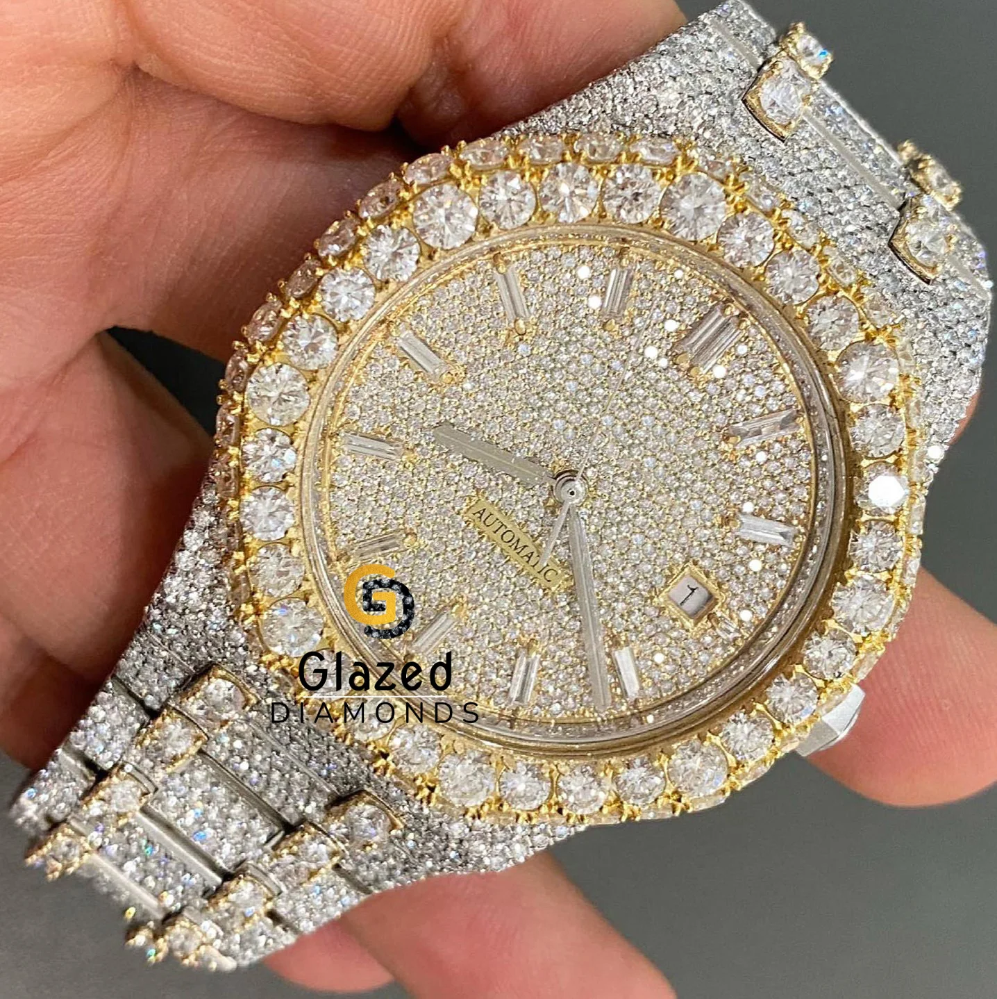 Luxurious Fancy New Brilliant Cut Lab Grown Diamond Studded Hip Hop Wrist Wear Watches Stainless Steel Smart Dial Display Date