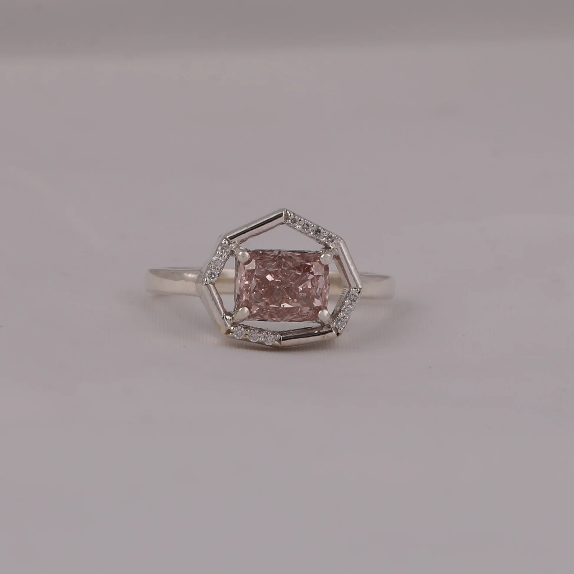 women luxury fashion ring with PINK RADIANT OCTAGON SHAPE WITH TINEY ROUND Lab Created Diamond Ring IN 18 KT SOLID GOLD