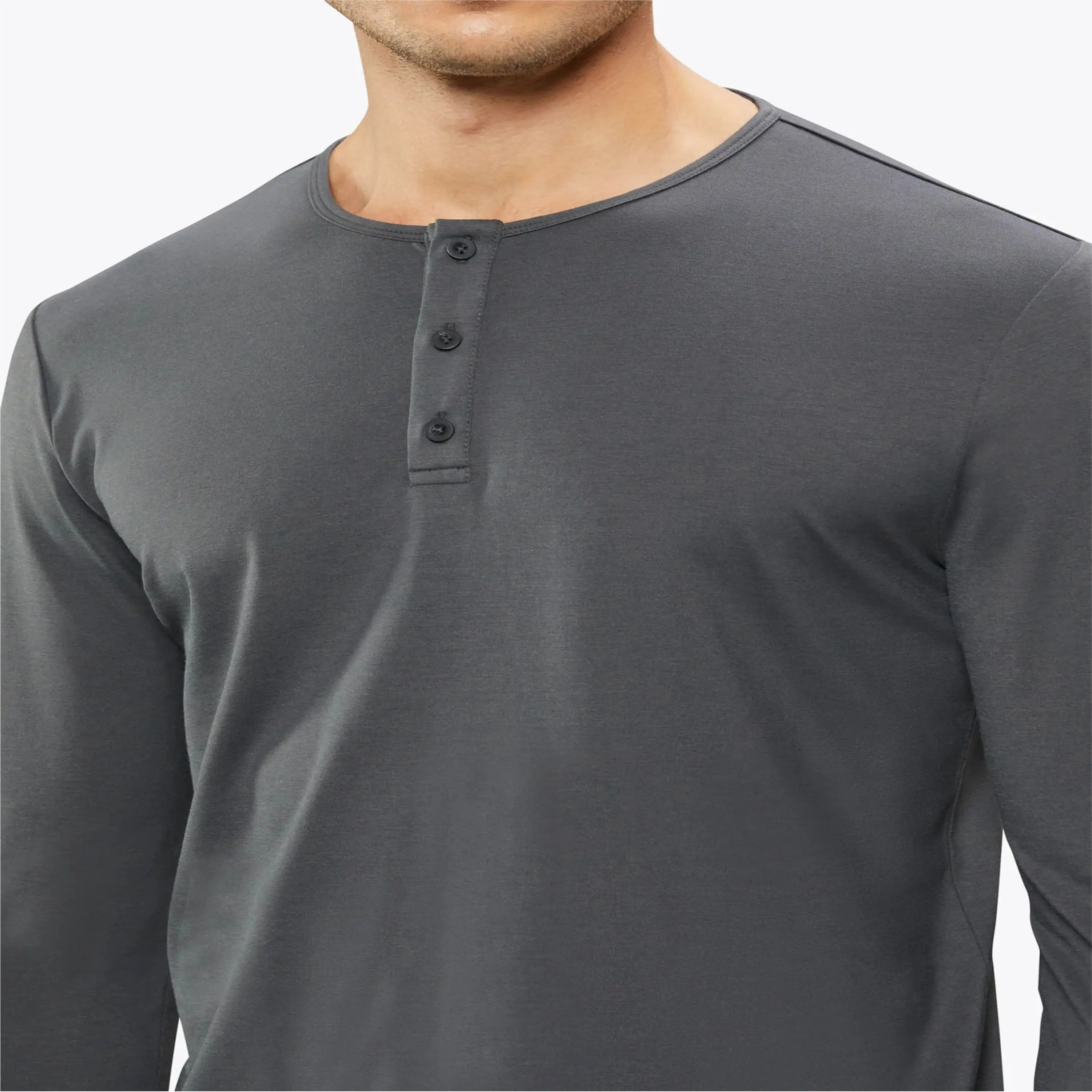 Custom Logo Buttery Soft 62% Polyester 33% Cotton 5% Spandex Signature Fit Long Sleeves Henley Curve Hem Graphite Shirt
