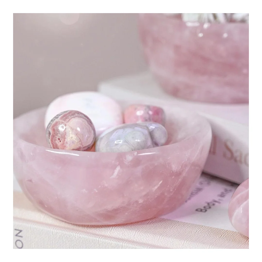 Rose Quartz Gemstone Bowls quartz crystal singing bowls Wholesale Pink Natural Jade Rose handicraft Quartz Crystal