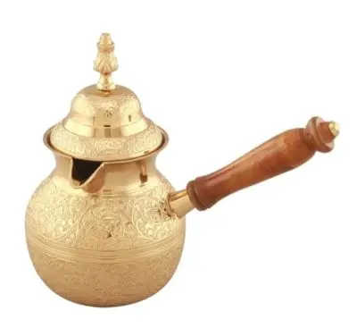 Turkish-Style Ceramic and Brass Hand-Engraved Tea Pot with Handle and Lid for Coffee Tea Serving Brewing for Home Kitchen Use