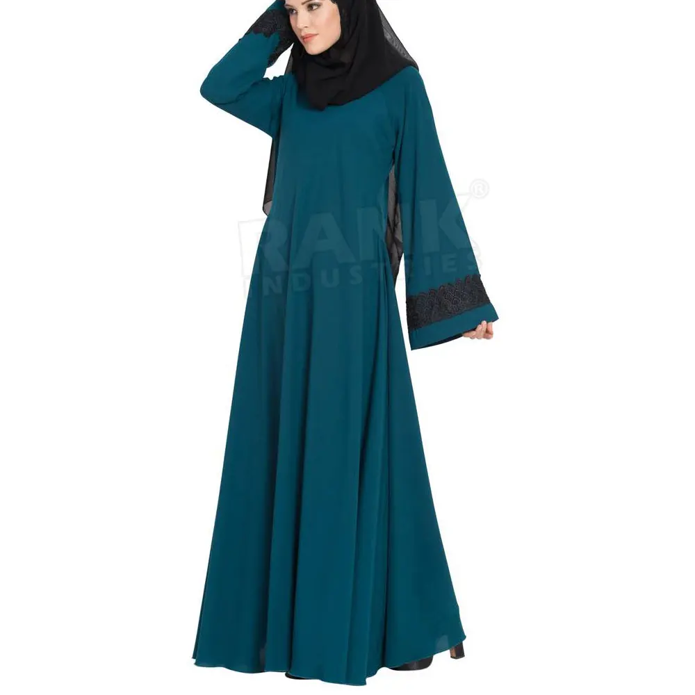 High Quality Women Muslim Wear Zink Blue Abaya Embroidery Cuff Full Sleeves Women Lose Plus Size Abaya