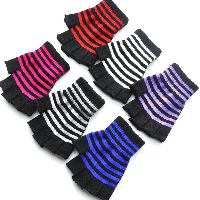 Unisex Black Stripes Half Finger Finger less Gloves for Women Wool Knit Wrist Cotton Gloves Winter Warm Men Workout Gloves