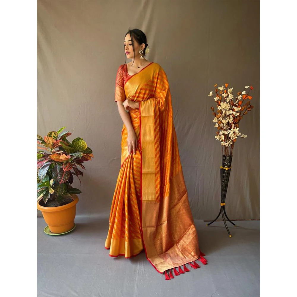 Beautiful Banarasi Patola Sarees with Leheriya Gold Zari Weaves and Meenakari Weaving Pallu with Contrast Pallu having Tassels