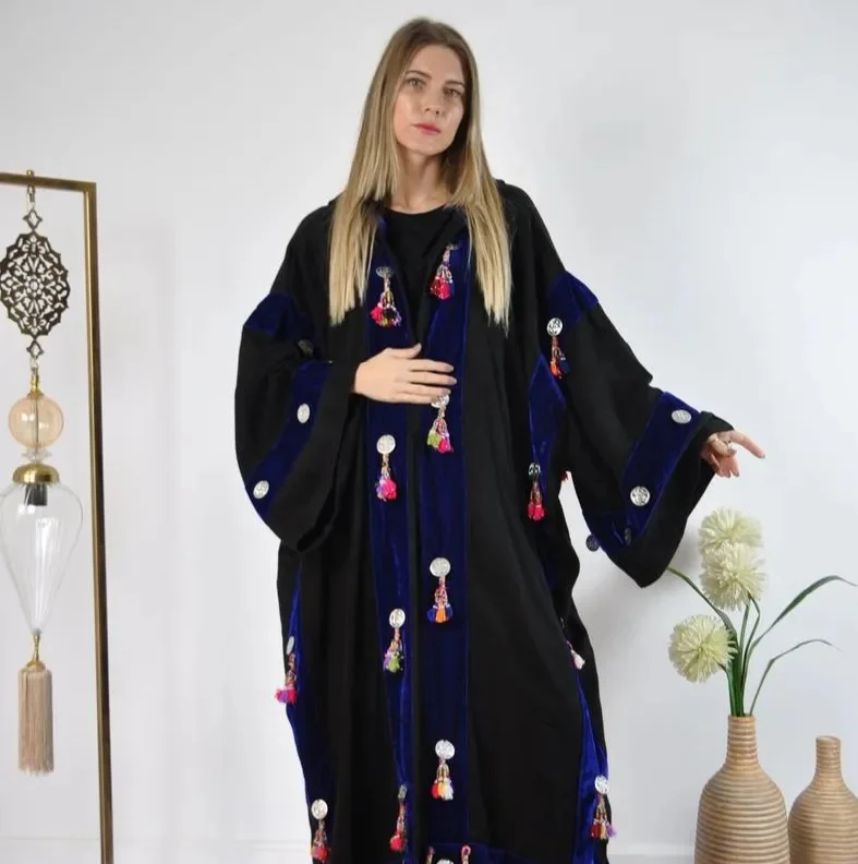 New Arrival Women Unique Silver Coins Designer Hooded Coat Gypsy Style Velvet Abaya Dress For Women