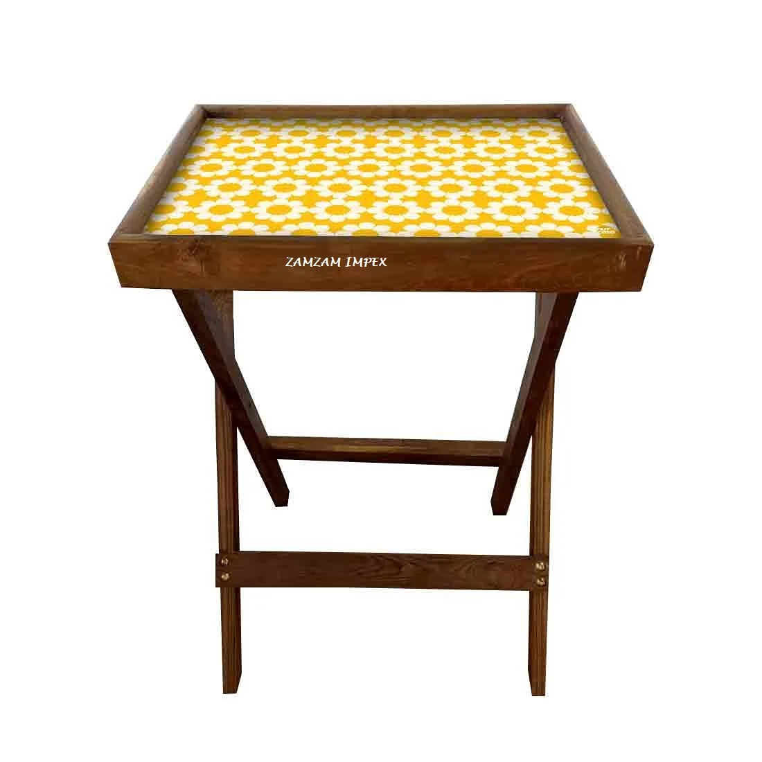 Environmentally Friendly Removable Mango Wooden Folding Tray Table Excellent Yellow Flowers Design Convertible Home Furniture