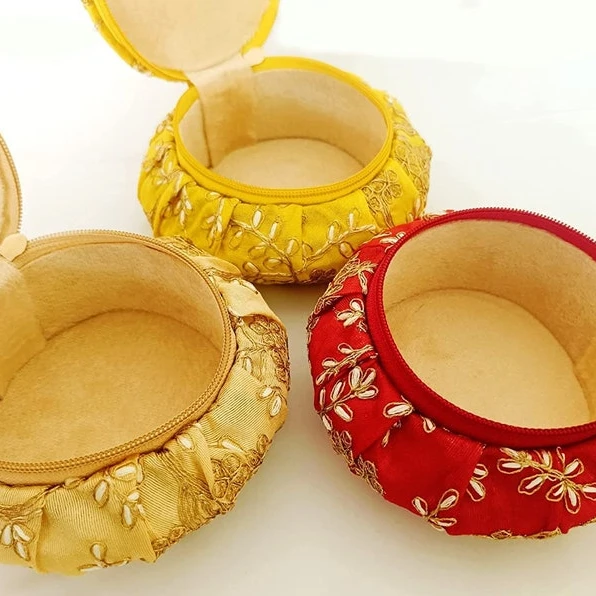 Indian Handmade Embroidered Jewelry Box Matki shape Indian Wedding, Baby Shower, Bridesmaid or Bride to be Hampers, Haldi, Mehnd