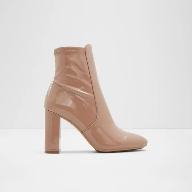 Designer Ladies Nude Leather boots Pointed Toe High Chunky Heel high Ankle Booties Zip Close Shiny sexy Femme Boot for women
