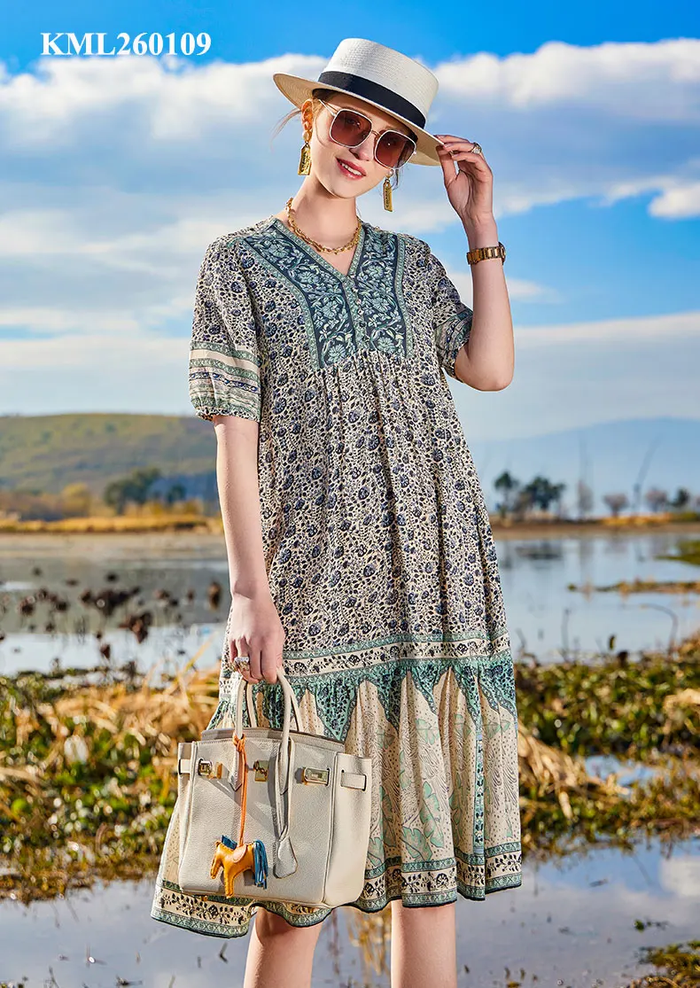 Wholesale bestseller floral blue dress for elegant lady