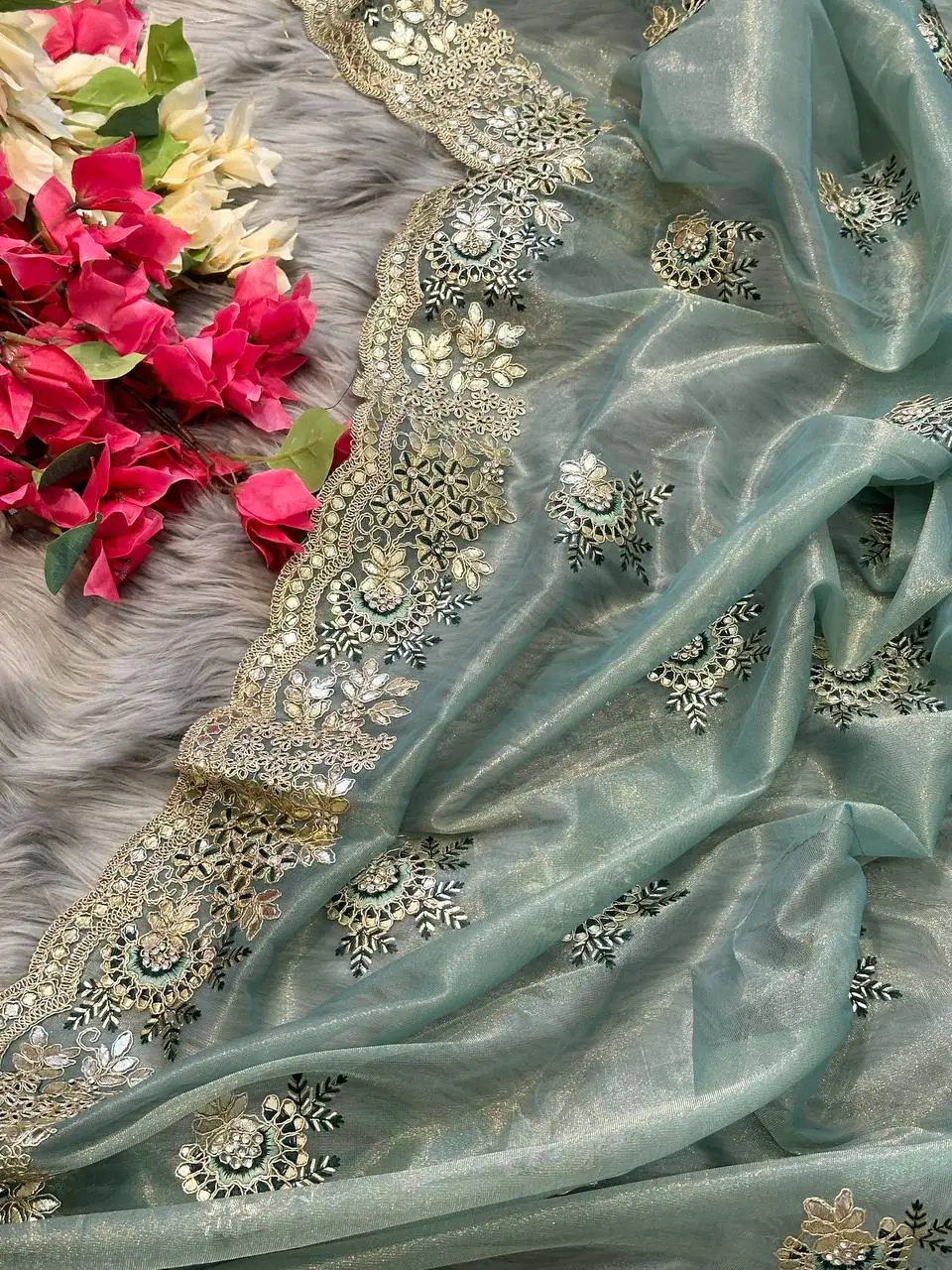 Beautiful Soft Tissue silk saree with Embroidery viscose thread work in saree, Party Wear saree, Wedding Wear Saree.