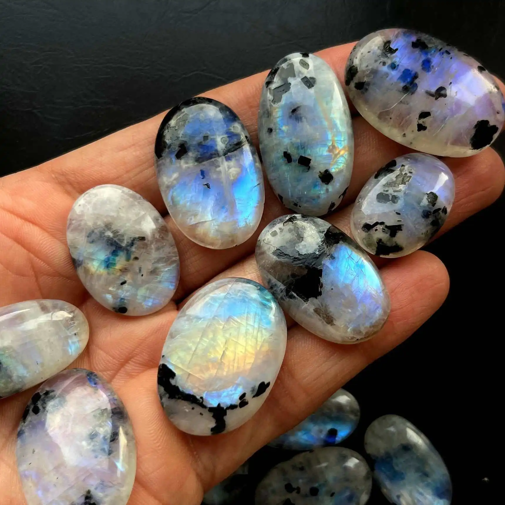 Natural Rainbow Moonstone With Black Tourmaline Dot Cabochon Loose Gemstone AAA+ Grade Quality For Jewelry Making