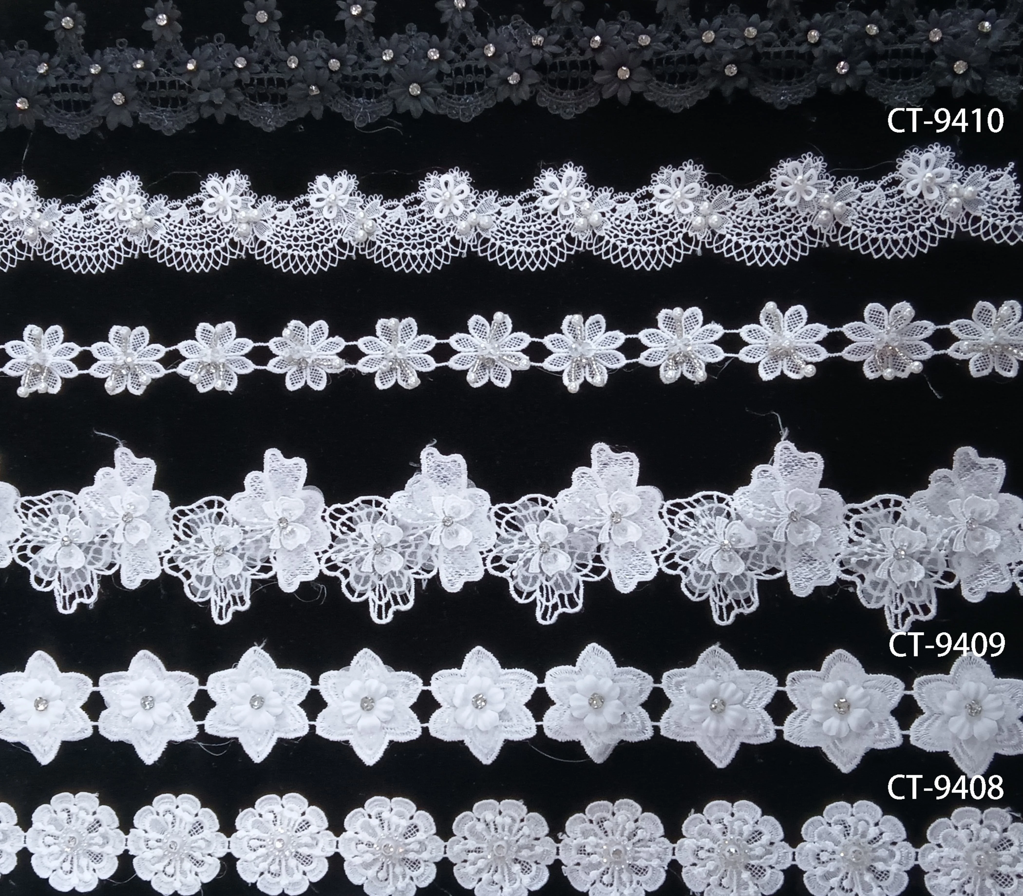 Encajes y cintas wholesale OEM 3d chiffon flower with crystal rhinestone big wave lace trim 3d beaded chain eyelet trimming lace