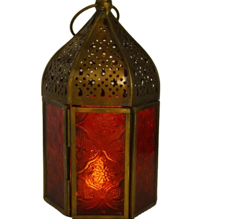 Set of Two Moroccan Style Lanterns Brass Tea Light Candle Holders Ornaments top and Garden Lantern | Home Decor and Gift