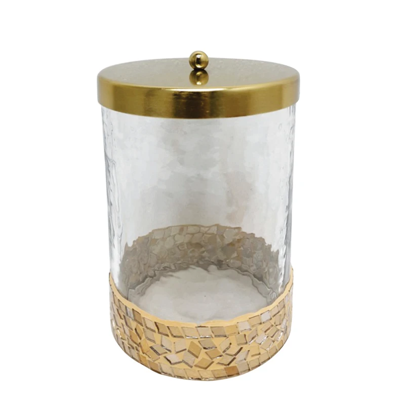 Kitchen & Tabletop Glass & Iron Round Box With LID Matt Nickel Plating With Silver Mosaic Large Size Storage Jars And Canisters