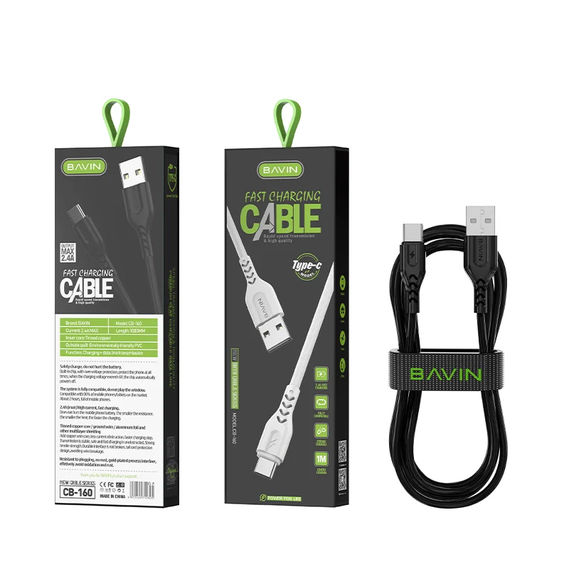BAVIN CB160 promotional 1 Meter 2.4A  type c black mobile data cable wire pvc fast charging data cable