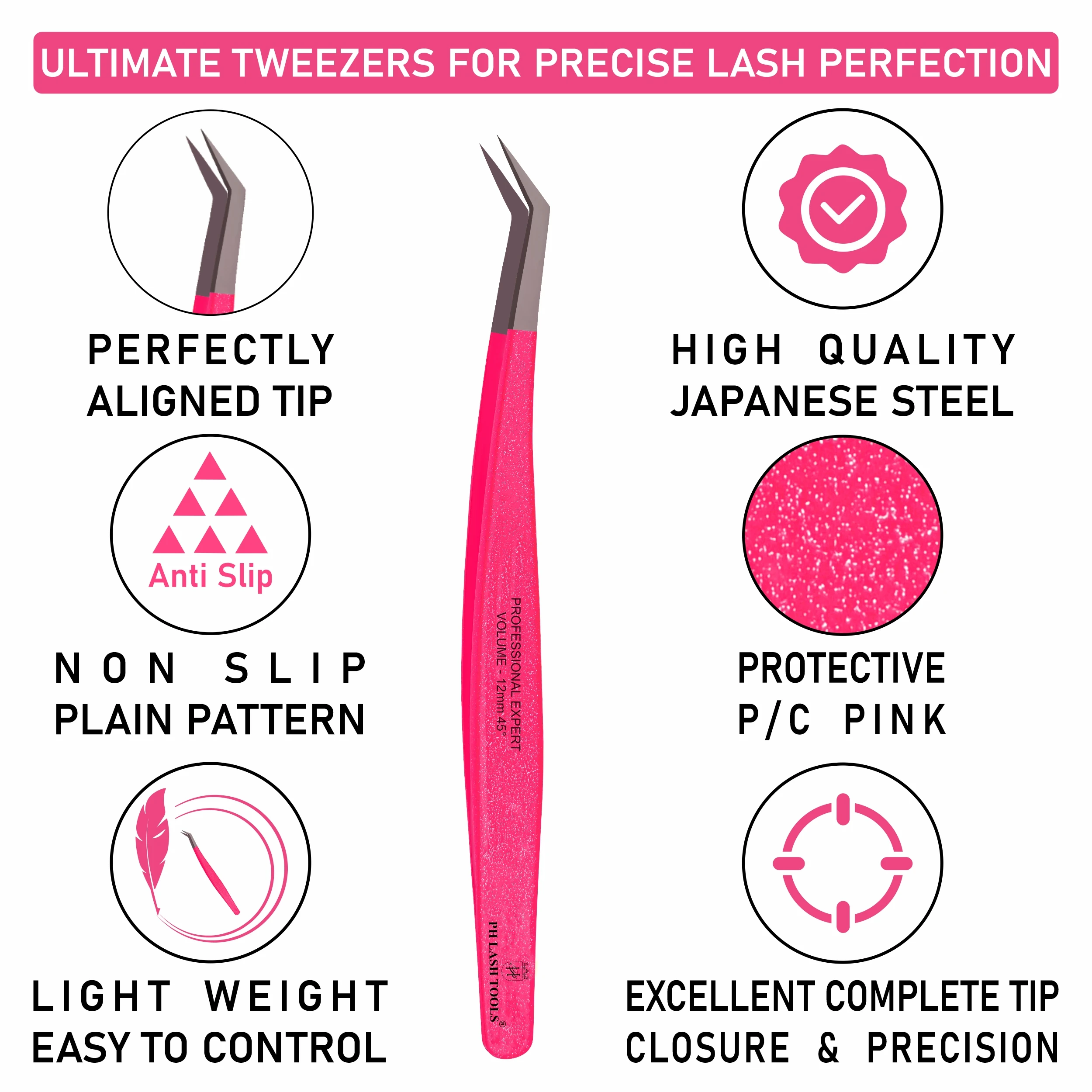Eyelash Extension Tweezers Set of 6 Pieces Sand Blast Tip and Fluorescent Coated with Magnetic Case Private Label