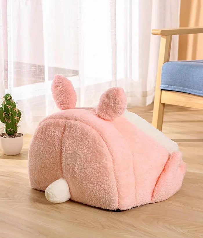 Pink Small Cat Bed for Indoor Cute Soft Cat Plush Bed Rabbit Design Tent Plush house  Kitten Bed with Pompom  pure cotton