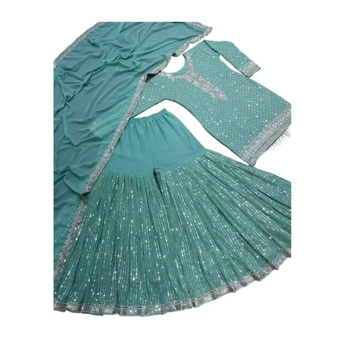 Readymade Indian Sequin Embroidered Sharara Gharara Kurti Set, Georgette Fabric, Pakistani Designer Ethnic Wear 3 Pcs Set