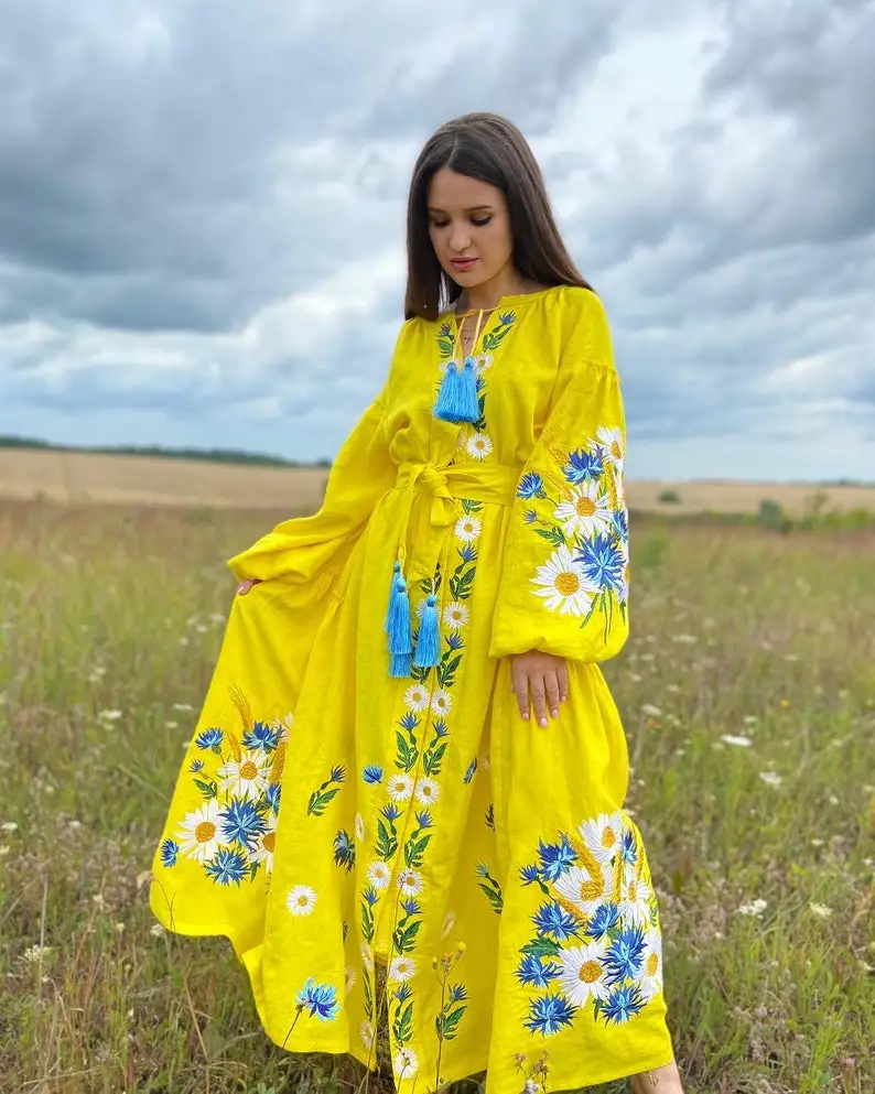 Unique Style Elegant & Modern Ukrainian Embroidered Dress Original Gift For Woman Incredibly Soft Linen Holidays Lady Maxi Dress