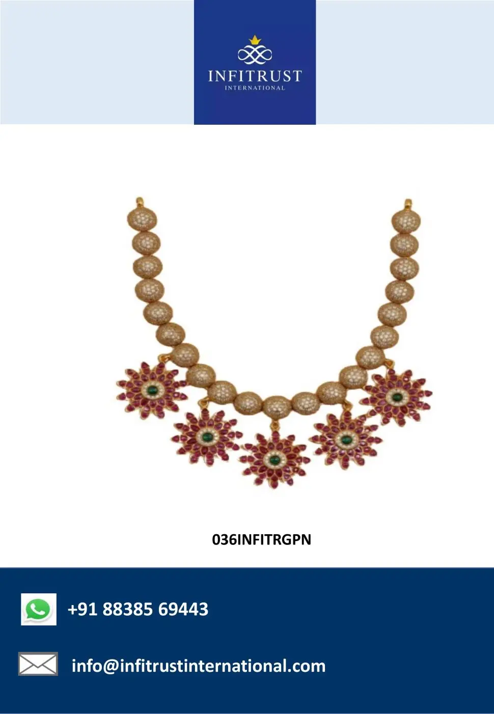 Sparkling Ball Beaded White CZ Stone Embellished Red Floral Studded Gold Plated Silver Necklace at Best Price for Bride Wedding