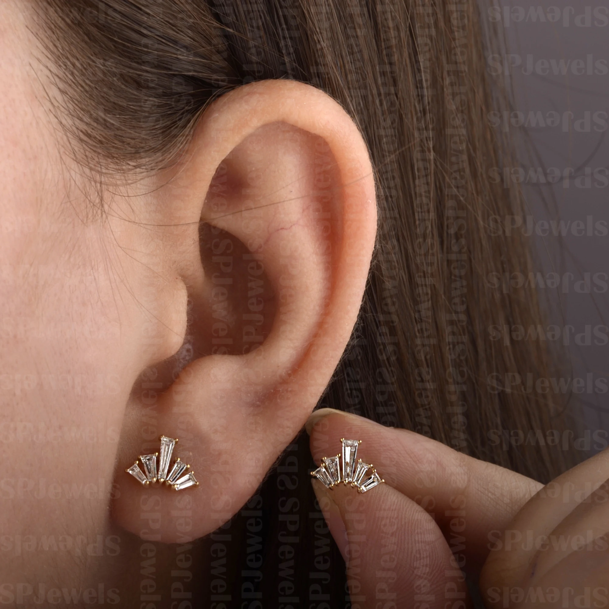 New Custom Baguette Wing 18k Solid Gold Yellow White Rose Gold Push Back Real SI-GH Diamond Stud Earrings Women Ear Piercing