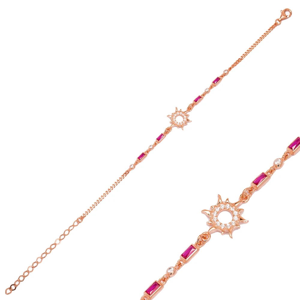 Sun Design Rectangle Shape Stone Ruby Stone Chain Bracelet Women 925 Sterling Silver Jewelry