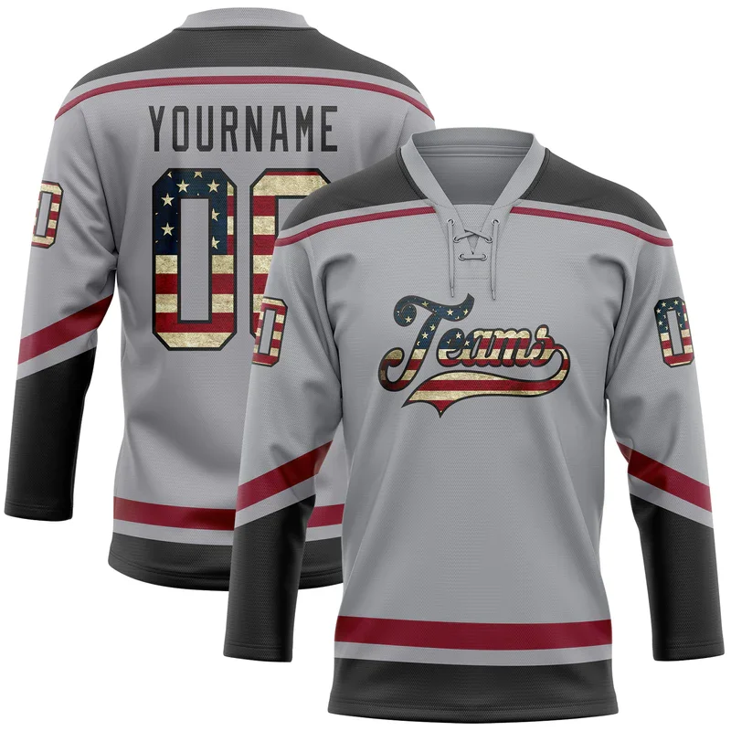 Top Quality Customized Hockey Jersey Embroidery Lace Neck Gray Tackle Twill Ice Hockey Uniform