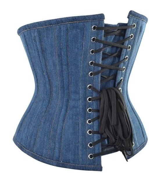 COSH CORSET New Design Of Underbust Steelboned Blue Denim Corset Stitched With Golden Thread Sexy Women Zipper Outfit
