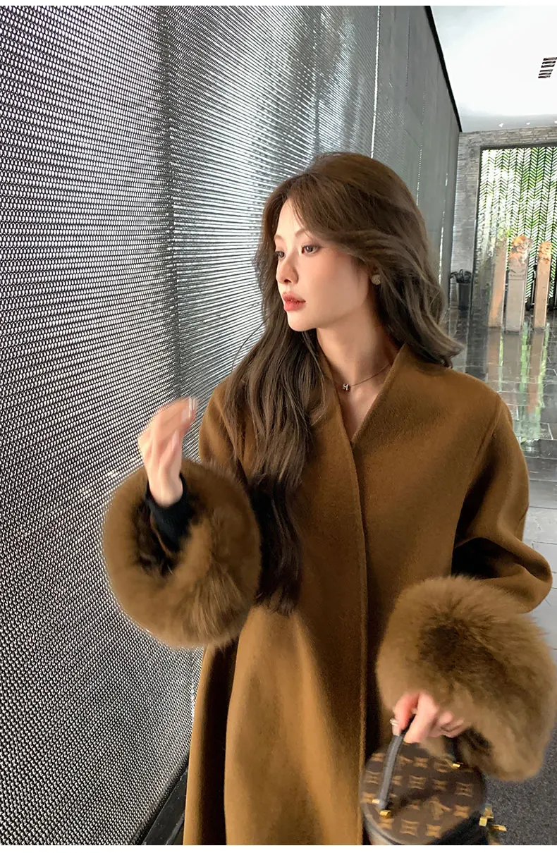 women double-sided cashmere coat 2023 autumn winter new v-neck fox fur long woolen coat ladies elegant luxury real wool coat