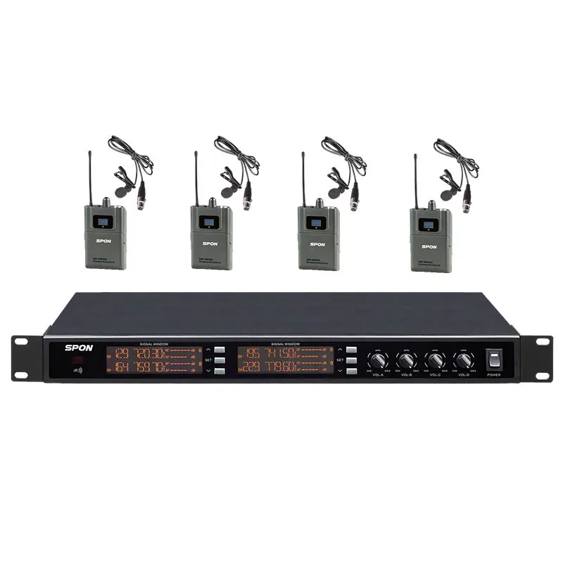 Wireless Microphone System Pro UHF 4 Channels with 4 Lavalier Bodypacks Crystal Clear Sound for professional sound PA