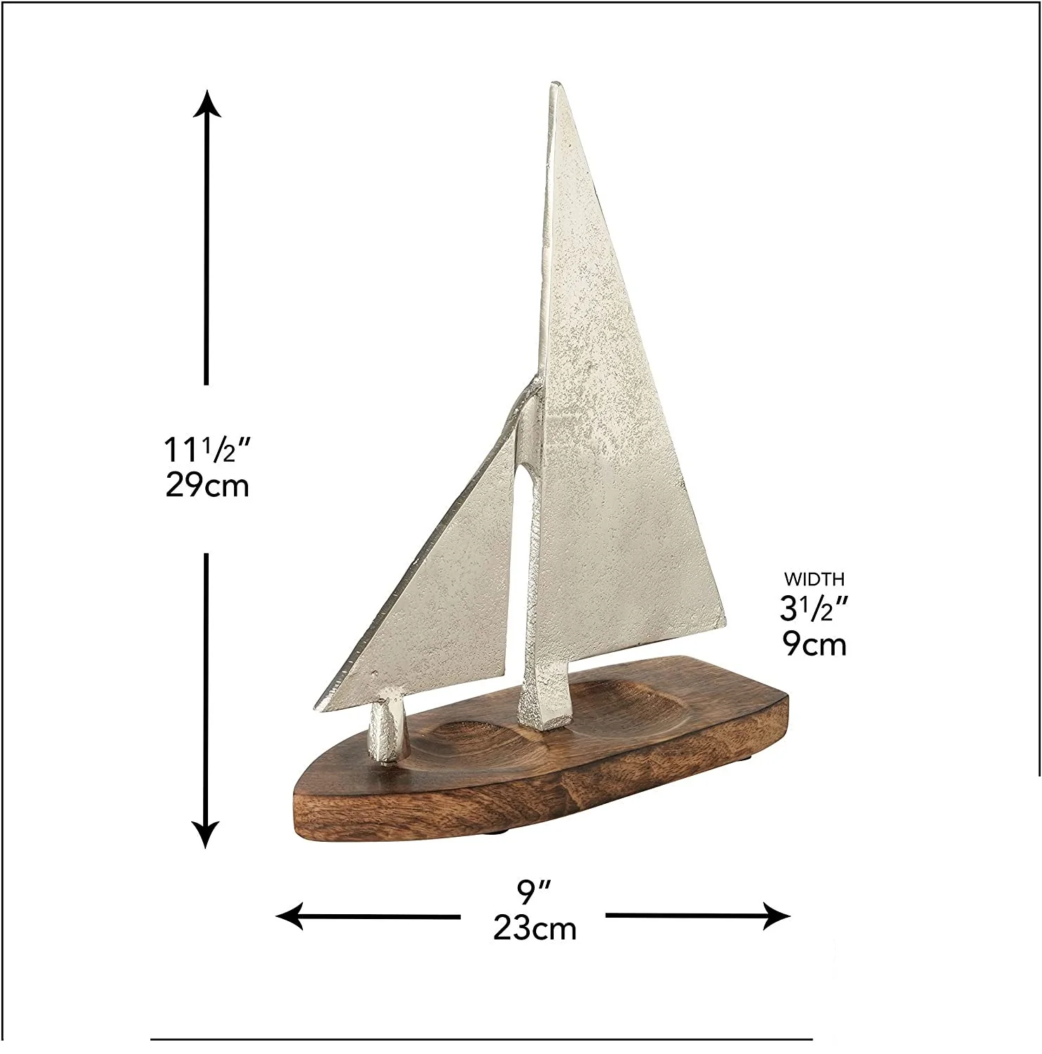Silver Spinnaker Sail Boat Sculpture Polished Aluminum Handmade Tabletop Boat Shape Accent With Wooden Base For Office and Home