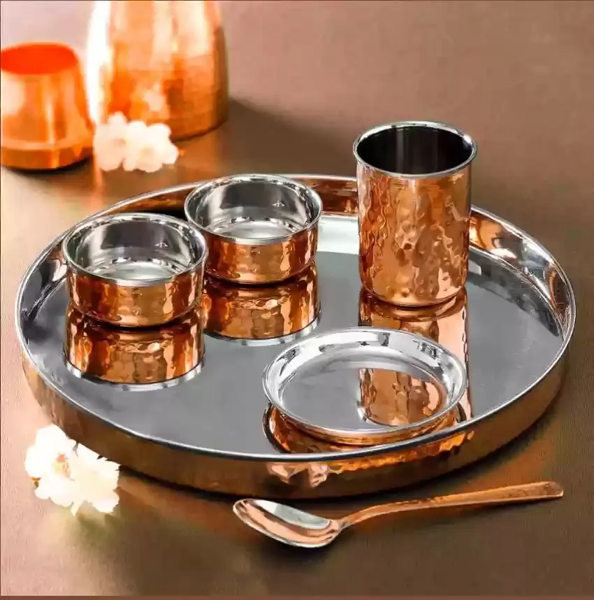 Hammered Round Pure Copper Thali Set Dinner Set Indian Stainless Steel Copper Traditional Dinner Set of 1 Thali Plate 5 Bowls