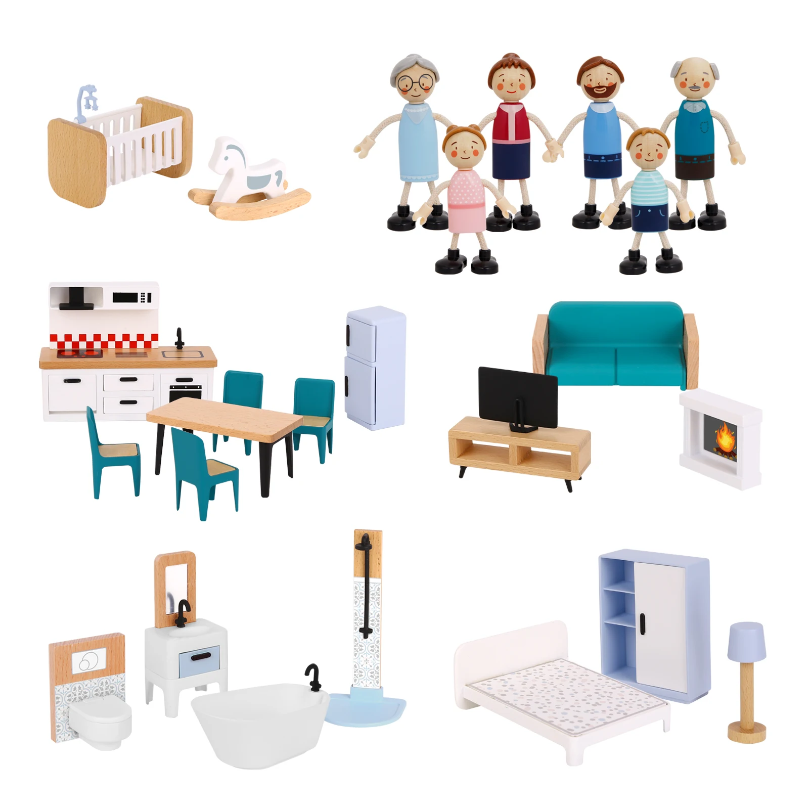 Miniature Wooden Doll house Furniture Set for Kids Pretend Play Gift 26 Pcs Dollhouse Accessories