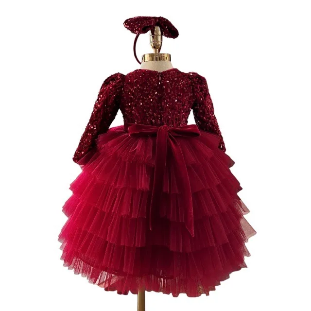 High Quality Winter Velvet Dress Velvet embroidered sequins mesh long-sleeved warm and beautiful dress for girls Viet Nam 12 Old