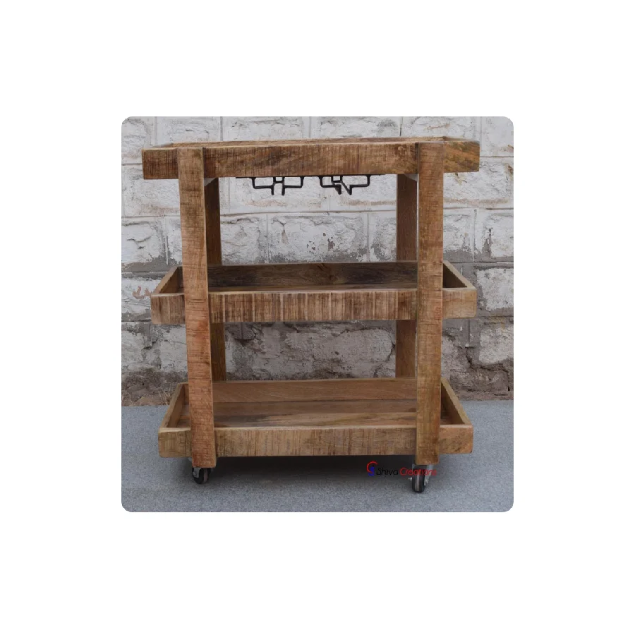High Quality Modern Wooden Trolley Bar Cabinet With Wheels Mango Wood Furniture Indoor Modern Wood Furniture