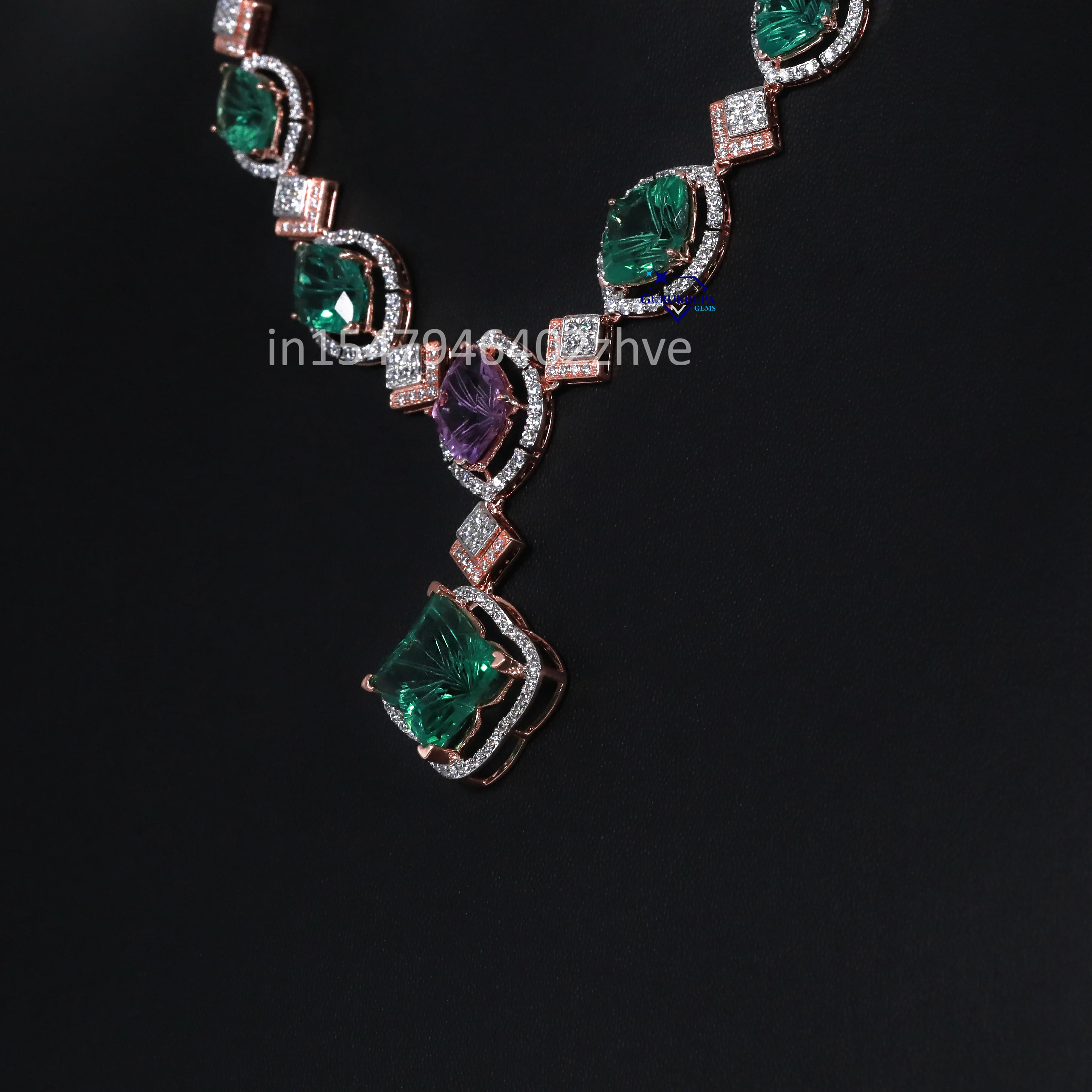Radiate your elegance with stunning 925 sterling silver lab grown diamond with green and purple gemstone necklace set for women