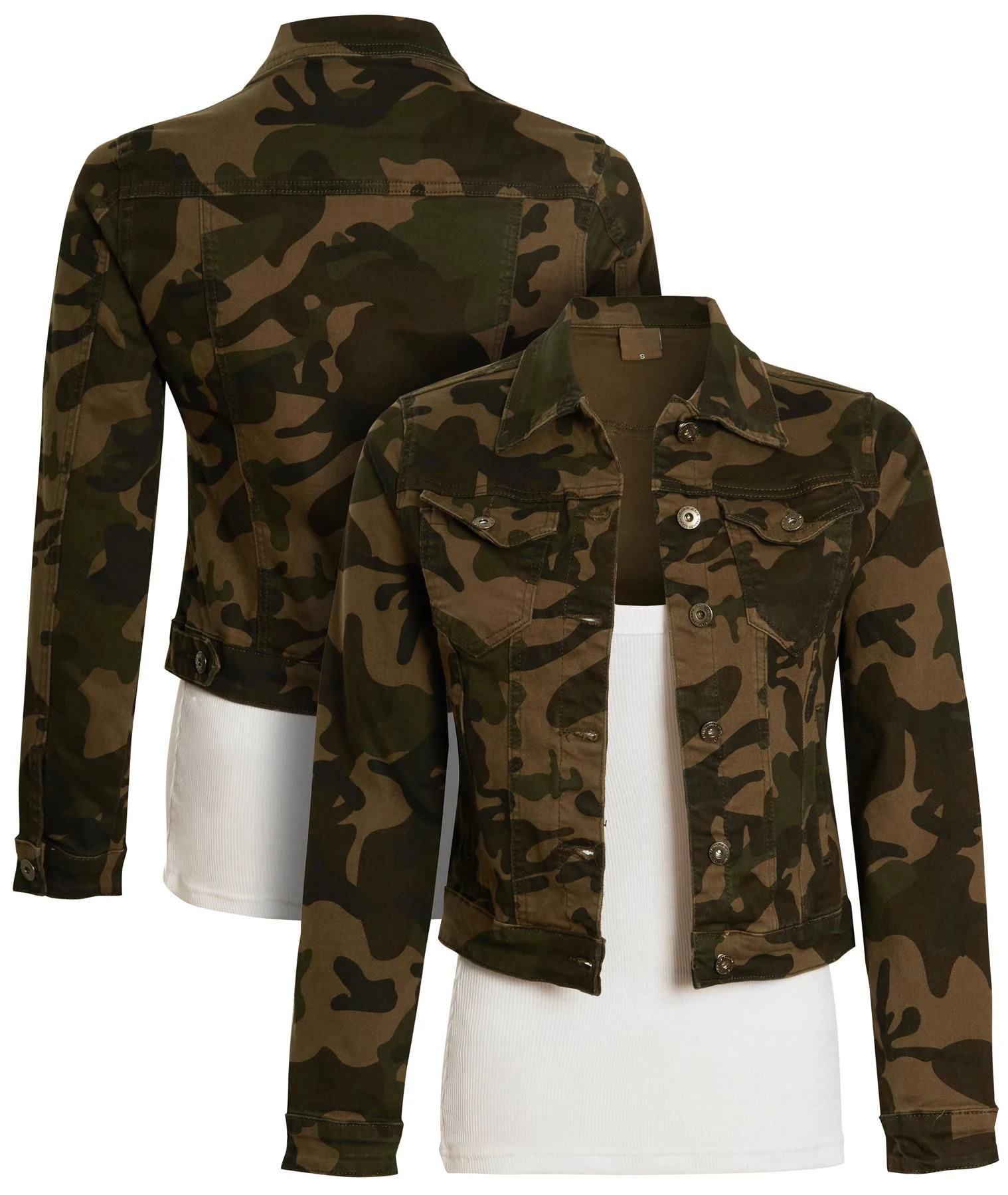 Wholesale Jeans Jacket Khaki Camo Stretch Denim Jacket Printing Designs 4 Front Pocket Jackets