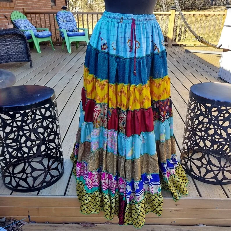 Boho Gypsy Hippie Patchwork Maxi Skirt One Size S to 2X Super High Quality Silk Wide Leg Palazo Pant