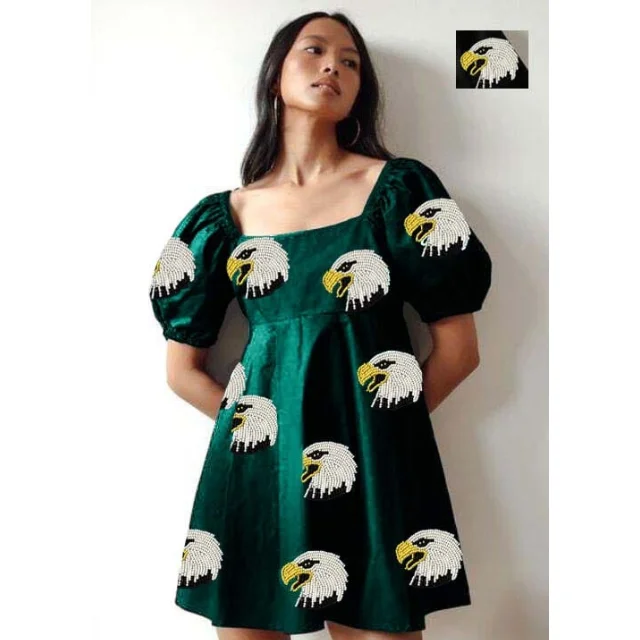 Buy Game Day Custom Embroidered Patches Ruffle Sleeves Tiered Dresses With Square Neck Game Day Sequin Patch Dress