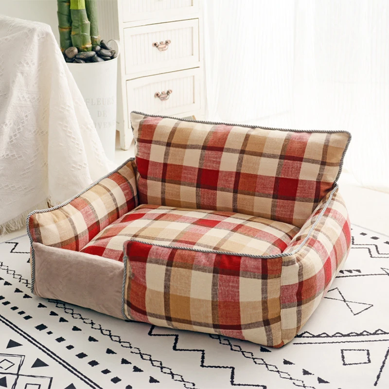 Eco friendly plaid popular wholesale foldable cotton indoor small dog beds cat sleeping a bed for pets