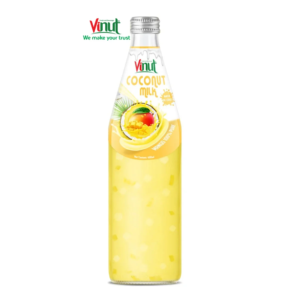 490ml Glass Bottle VINUT Coconut milk drink with Mango and Nata De Coco Exporter From Vietnam Best Sell