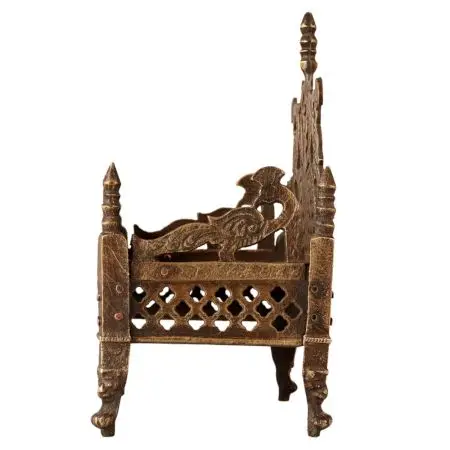 Handmade Indian Antique Vintage Used Lord Krishna Bed with Fine Peacock Engraving Sculptures Home Decoration Gift Items SNF-343