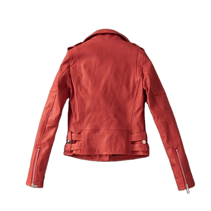 Women short genuine sheep Leather jacket Motor biker slim leather coat red quality tanned sheepskin leather clothing