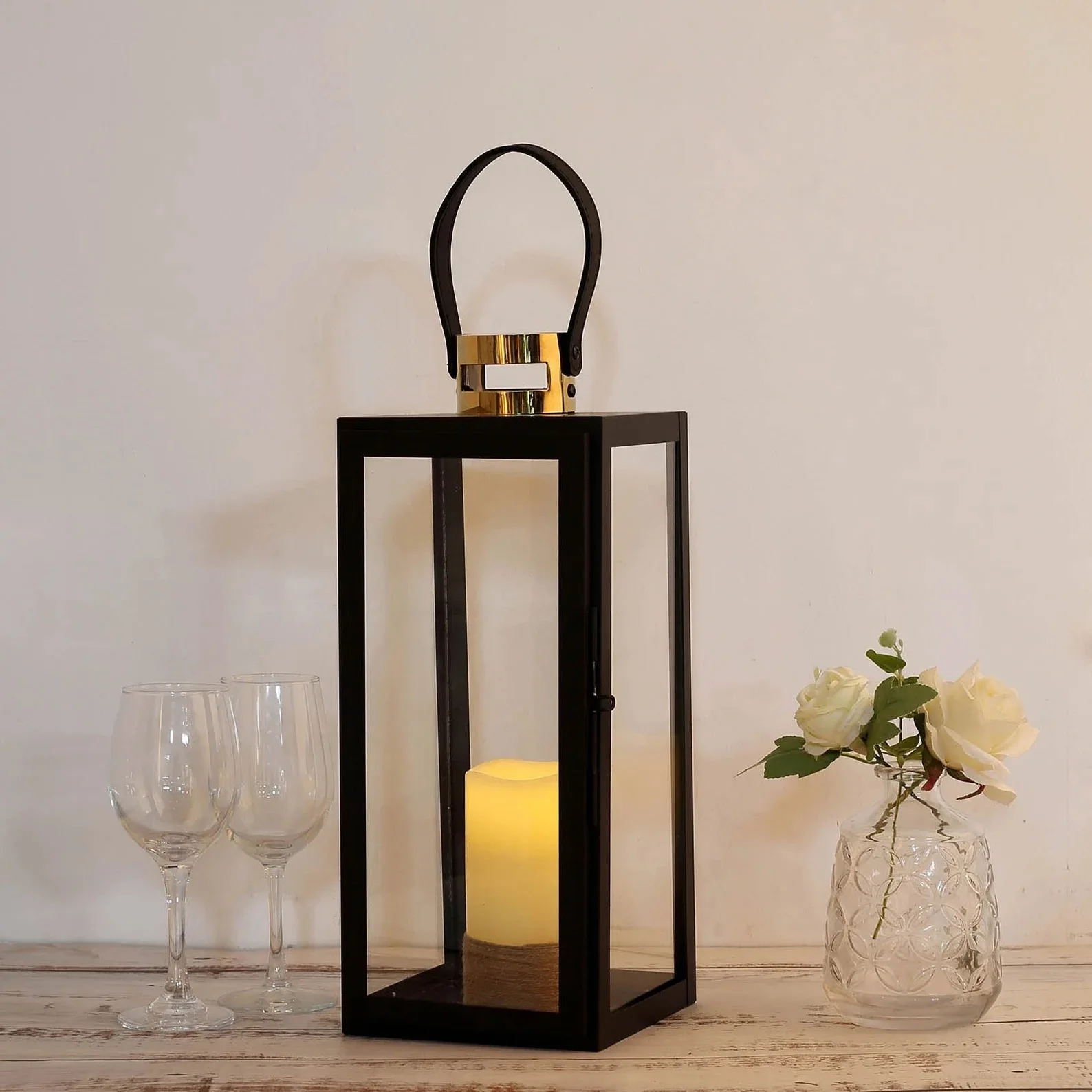 Modern Black Metal Lantern Candle Holder Lantern- Hanging or Tabletop (Set of 3)