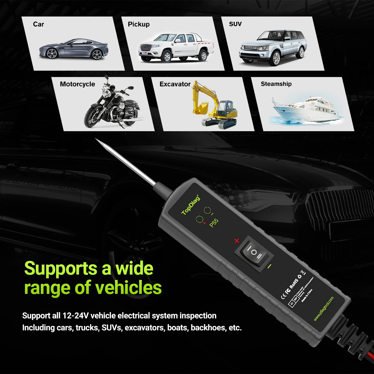 TopDiag P55 Wholesale Inventory Multi-function Digital Display Voltage Tester Test Pen for Car voltage tester