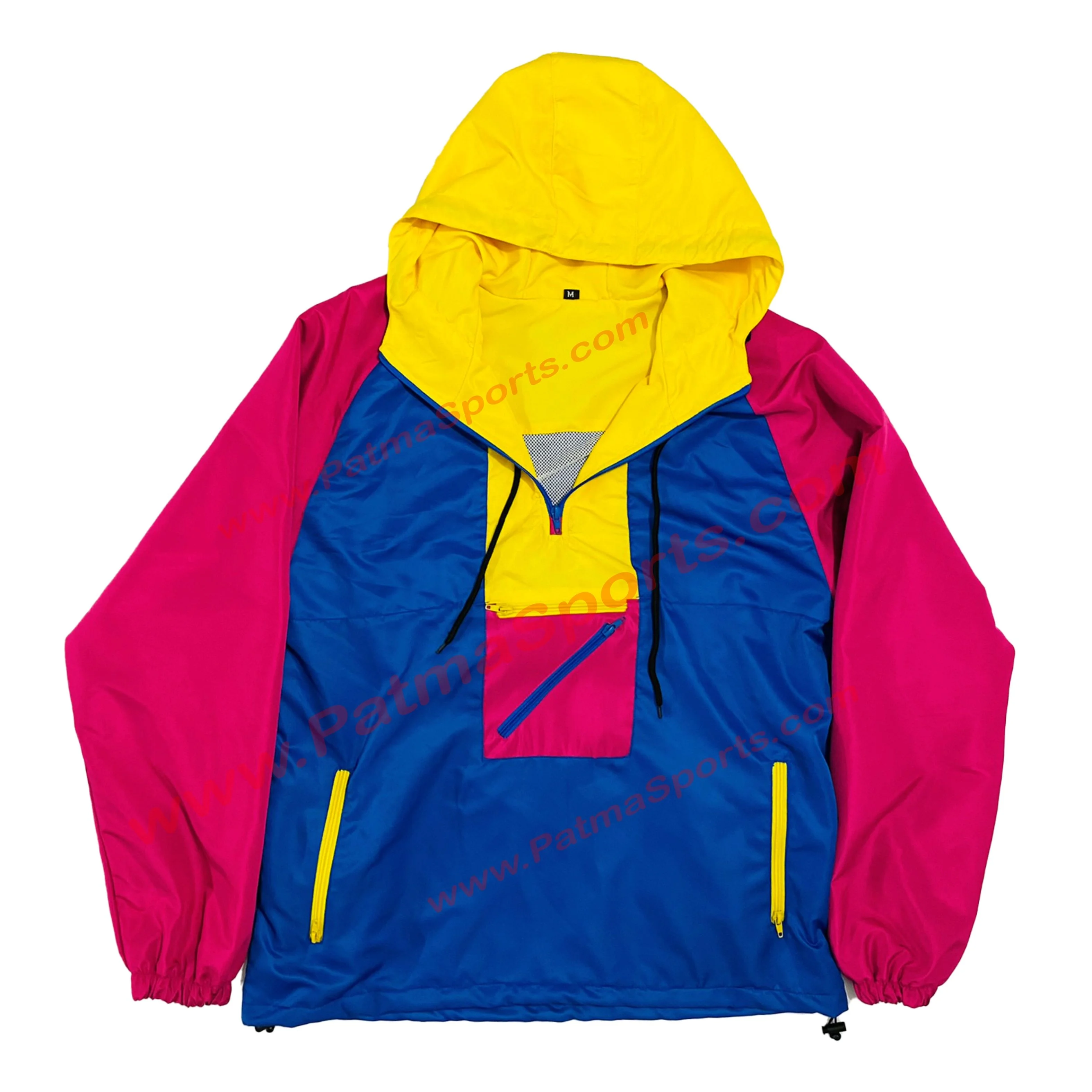 Multi Cargo Pockets Blue Yellow and Pink Combination Windbreaker Rain with customize logo Tags and printing on it OEM ODM