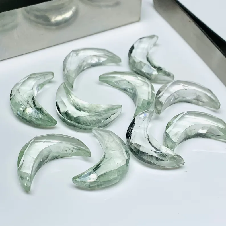 2,3,4,5 Pcs Natural Green Amethyst Hand Carved 17mm Moon Shape Crystal Gemstone Blue Briolette Faceted Crescent Moon