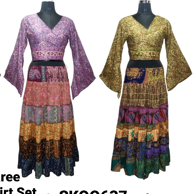 Indian boho vintage style casual Nw silk saree frill Top skirt Set modern designs and fancy style boho frill saree skirt